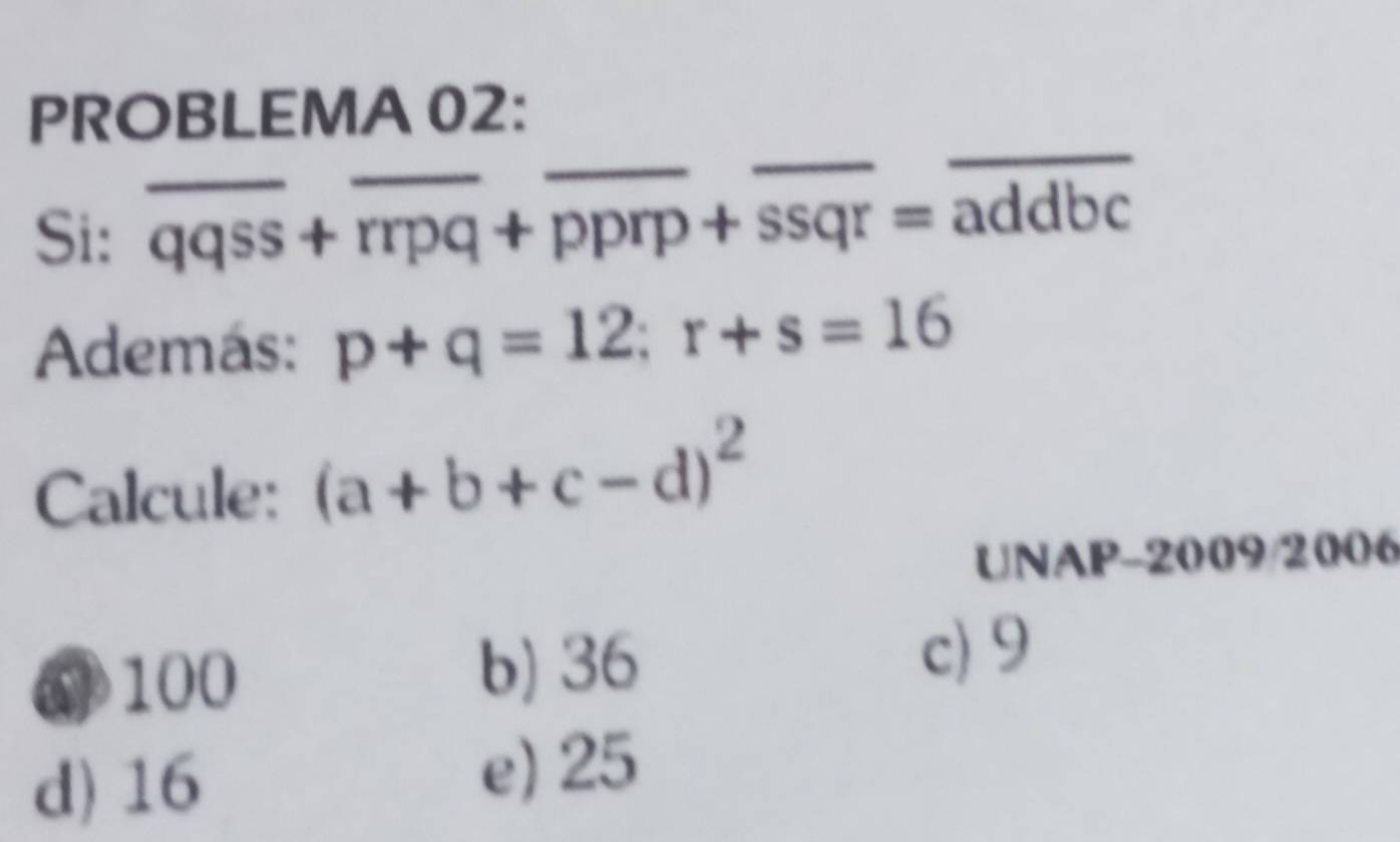 PROBLEMA 02:
Si: overline qqss+overline rrpq+overline pprp+overline ssqr=overline addbc
Además: p+q=12; r+s=16
Calcule: (a+b+c-d)^2
UNAP-2009/2006
⑥ 100 b) 36
c) 9
d) 16 e) 25