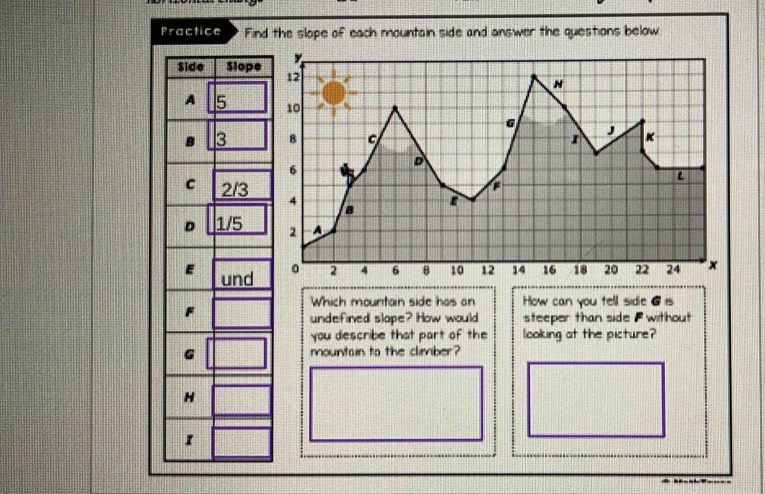 Practice Find the slope of each mountain side and answer the questions below 
Which mountain side has an How can you tell side 6 is 
undefined slope? How would steeper than side F without 
you diescribe that part of the looking at the picture? 
mountain to the climber?