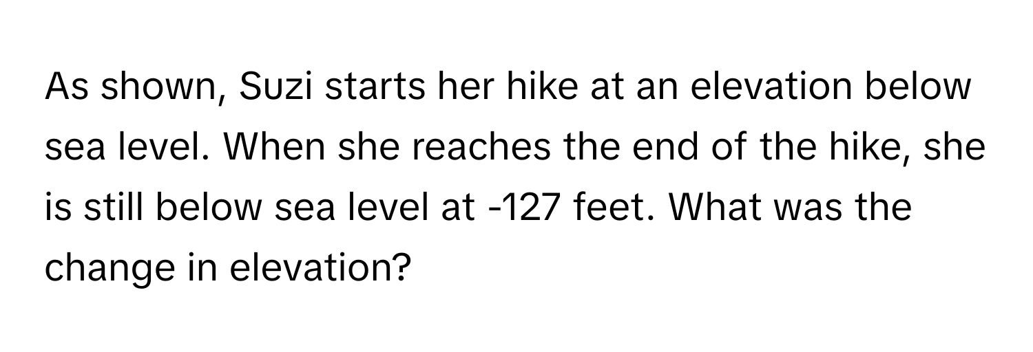 As shown, Suzi starts her hike at an elevation below sea level. When she reaches the end of the hike, she is still below sea level at -127 feet. What was the change in elevation?