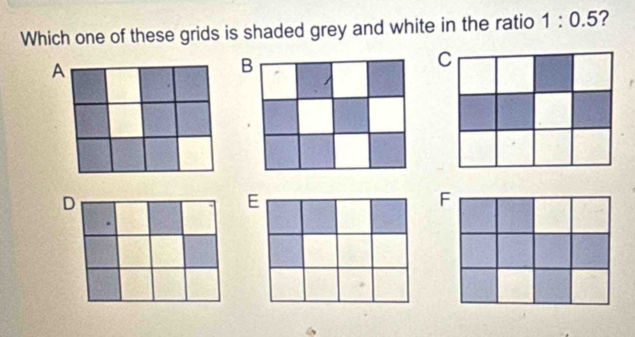 Which one of these grids is shaded grey and white in the ratio 1:0.5 ?
A
B
C
D
E