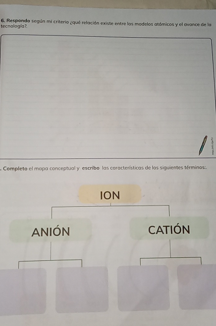 Respondo según mi criterio ¿qué relación existe entre los modelos atómicos y el avance de la 
tecnología?. 
Completo el mapa conceptual y escribo las características de los siguientes términos:. 
ION 
ANIÓN CATIÓN