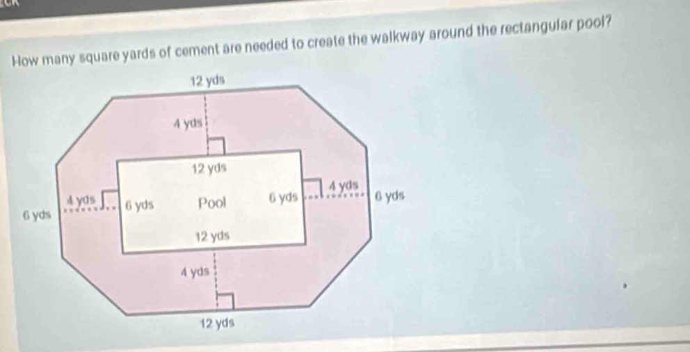 How many square yards of cement are needed to create the walkway around the rectangular pool?