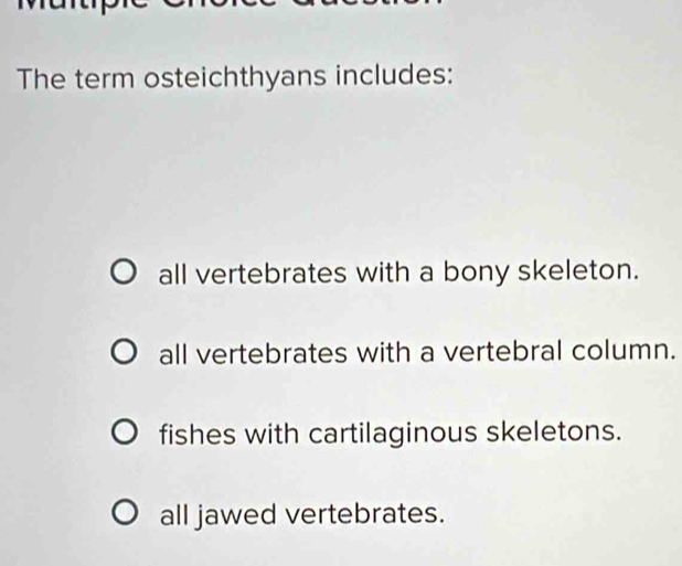 The term osteichthyans includes:
all vertebrates with a bony skeleton.
all vertebrates with a vertebral column.
fishes with cartilaginous skeletons.
all jawed vertebrates.