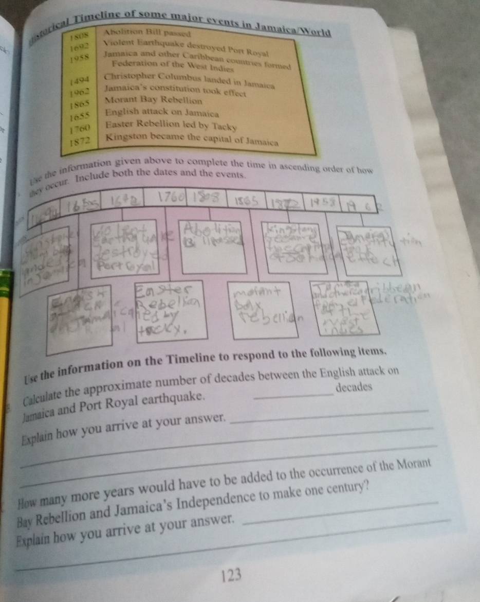 orical Timeline of some major events in Jamaica/World 
1808 Abolition Bill passed 
1692 Violent Earthquake destroyed Port Royal 
1958 
Jamaica and other Caribbean countries formed 
Federation of the West Indies 
( 494 
Christopher Columbus landed in Jamaica 
1962 Jamaica’s constitution took effect 
1865 Morant Bay Rebellion 
1655 English attack on Jamaica 
1760 Easter Rebellion led by Tacky 
1872 Kingston became the capital of Jamaica 
he information given above to complete the time in ascending order of how 
de both the dates and the event 
Use the information on the 
Calculate the approximate number of decades between the English attack on
decades
Jamaica and Port Royal earthquake.__ 
_ 
_Explain how you arrive at your answer. 
How many more years would have to be added to the occurrence of the Morant 
Bay Rebellion and Jamaica’s Independence to make one century? 
_Explain how you arrive at your answer.
123