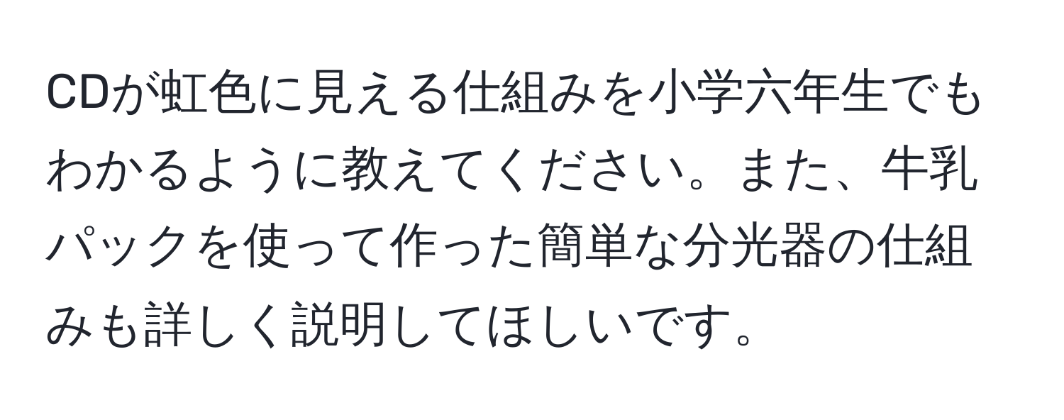 CDが虹色に見える仕組みを小学六年生でもわかるように教えてください。また、牛乳パックを使って作った簡単な分光器の仕組みも詳しく説明してほしいです。