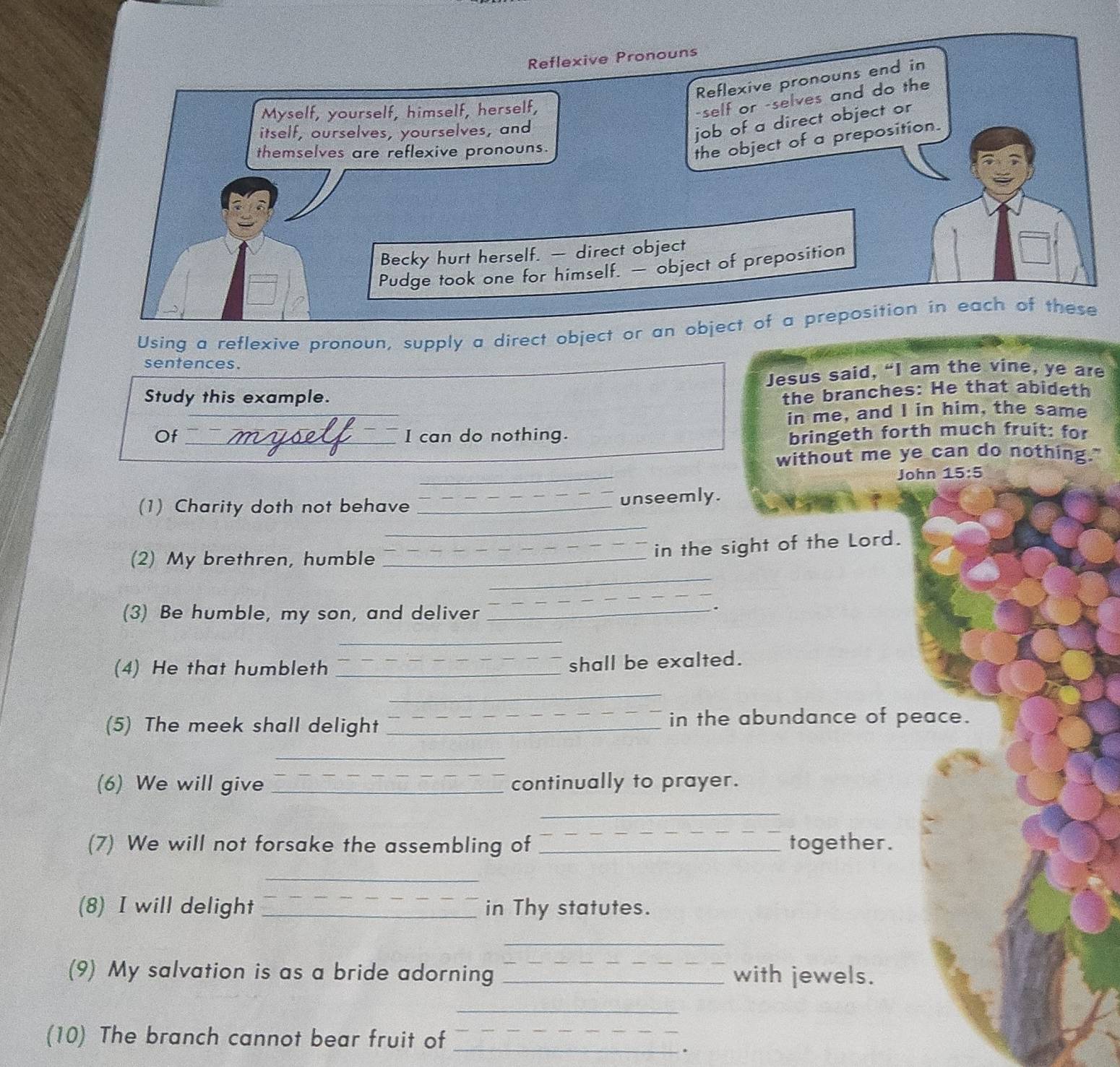 Reflexive Pronouns 
Reflexive pronouns end in 
Myself, yourself, himself, herself, 
-self or -selves and do the 
itself, ourselves, yourselves, and 
job of a direct object or 
themselves are reflexive pronouns. 
the object of a preposition. 
Becky hurt herself. — direct object 
Pudge took one for himself. — object of preposition 
Using a reflexive pronoun, supply a direct object or an object of a preposition in each of these 
sentences. 
Jesus said, “I am the vine, ye are 
Study this example. 
the branches: He that abideth 
in me, and I in him, the same 
Of _I can do nothing. bringeth forth much fruit: for 
without me ye can do nothing." 
_ 
John 15:5
(1) Charity doth not behave _unseemly. 
_ 
(2) My brethren, humble_ 
_in the sight of the Lord. 
_ 
_ 
(3) Be humble, my son, and deliver_ 
. 
_ 
(4) He that humbleth_ 
shall be exalted. 
_ 
(5) The meek shall delight _in the abundance of peace. 
_ 
(6) We will give _continually to prayer. 
_ 
(7) We will not forsake the assembling of _together. 
_ 
(8) I will delight _in Thy statutes. 
_ 
(9) My salvation is as a bride adorning _with jewels. 
_ 
(10) The branch cannot bear fruit of_ 
__ 
.