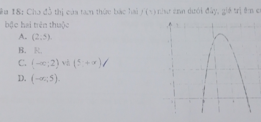 #u 18: Cho đồ thị của tam thức bắc hai f( như ảnh dưới đây, giá trị âm c
bậc hai trên thuộc
A. (2;5).
B. R.
C. (-∈fty ;2) và (5+alpha )
D. (-∈fty ;5).