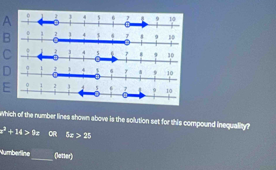 A
B
C
D
Which of the number lines shown above is the solution set for this compound inequality?
x^2+14>9x OR 5x>25
Numberline _(letter)