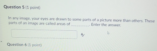 In any image, your eyes are drawn to some parts of a picture more than others. These 
parts of an image are called areas of _. Enter the answer. 
Question 6 (1 point)