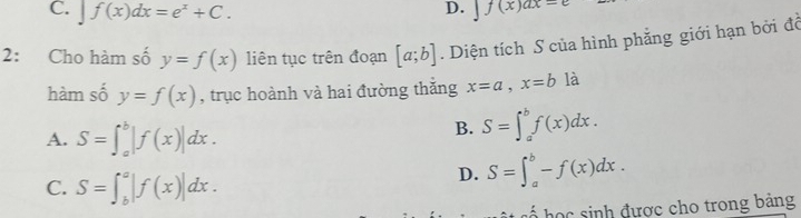 C. f(x)dx=e^x+C. ∈t f(x)ax=
2: Cho hàm số y=f(x) liên tục trên đoạn [a;b]. Diện tích S của hình phẳng giới hạn bởi đồ
hàm số y=f(x) , trục hoành và hai đường thắng x=a, x=b là
A. S=∈t _a^b|f(x)|dx.
B. S=∈t _a^bf(x)dx.
C. S=∈t _b^a|f(x)|dx.
D. S=∈t _a^b-f(x)dx. 
h ố ọ c sinh được cho trong bảng