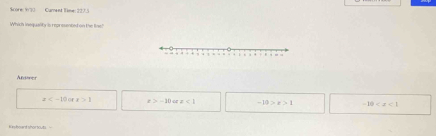 Score: 9/10 Current Time: 227.5
Which inequality is represented on the line?
Answer
x or x>1 x>-10 or z<1</tex> -10>x>1 -10
Keyboard shortcuts