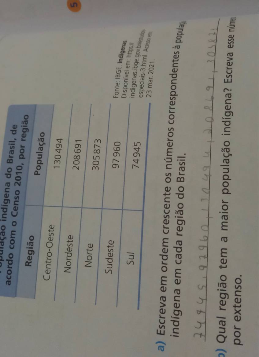 iulação indígena do 
acor 
5 
a) Eros correspondentes à populas 
indígena em cada região do Brasil. 
_ 
o) Qual região tem a maior população indígena? Escreva esse núme 
por extenso.