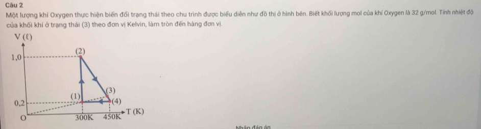 Một lượng khí Oxygen thực hiện biến đối trạng thái theo chu trình được biểu diễn như đồ thị ở hình bên. Biết khối lượng mol của khí Oxygen là 32 g/mol. Tính nhiệt độ
của khối khí ở trạng thái (3) theo đơn vị Kelvin, làm tròn đến hàng đơn vị.
MNhân đán án