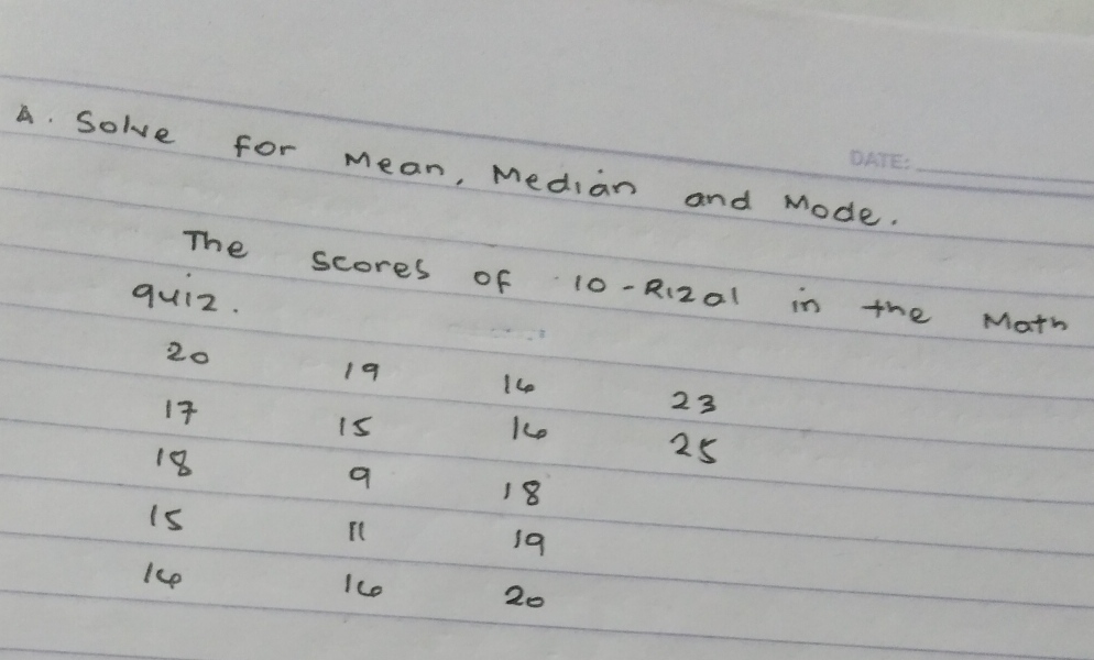 solve for Mean, Median and Mode._ 
The scores of 
quiz. 10-R_12Q_1 in the Math
20
19
1
17
23
i5
Ke
18
25
18
i5
19
1ce 1co 20