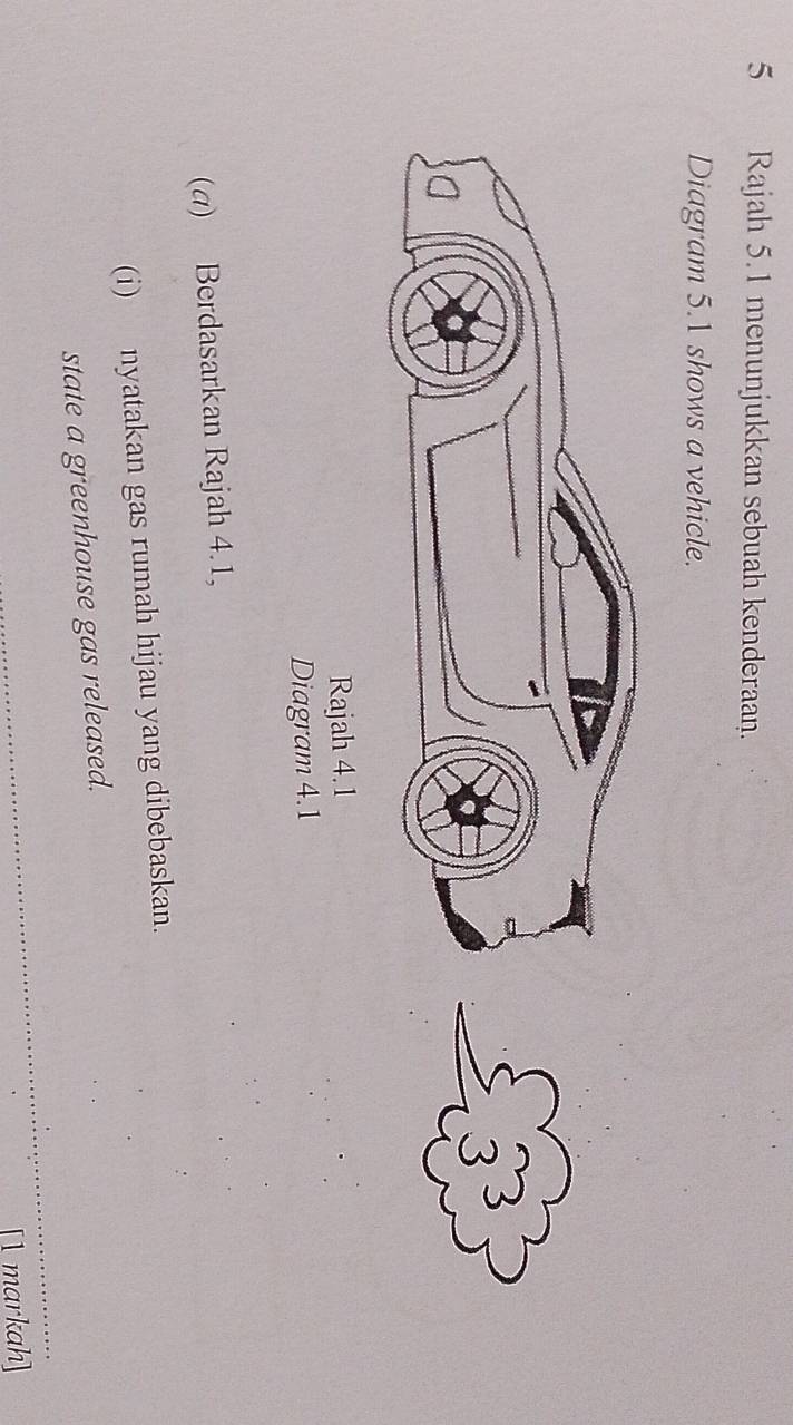 Rajah 5.1 menunjukkan sebuah kenderaan. 
Diagram 5.1 shows a vehicle. 
(α) Berdasarkan Rajah 4.1, 
(i) nyatakan gas rumah hijau yang dibebaskan. 
_ 
state a greenhouse gas released. 
_ 
1 markah]