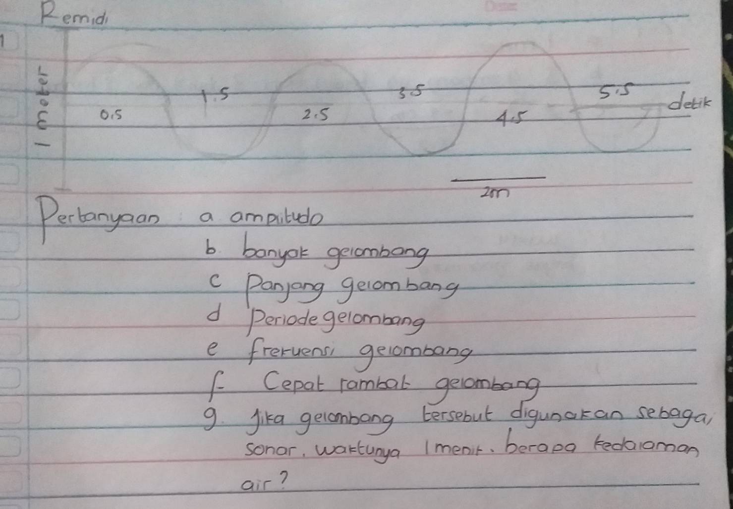 Remidi
1. 5 35 5 5
detik
2 O. 5 2. 5 4. 5
25m
Pertanyoan a amatudo 
b banyok gecombong 
c Panyang gelombang 
d Periode gelombang 
e freruens gecombang 
f Cepat rambar gelombong 
9. Jika gelombong tersebut digunakan sebaga, 
sonar, wartunya Iment. beraos kedoman 
air?