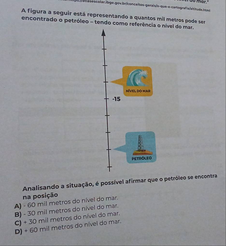 as mar."
ps://atlasescolar.ibge.gov.br/conceitos-gerais/o-que-e-cartografia/altitude.html
A figura a seguir está representando a quantos mil metros pode ser
encontrado o petróleo - tendo como referência o nível do mar.
Analisando a situação, é possível afirmar que o petróleo se encontra
na posição
A) - 60 mil metros do nível do mar.
B) - 30 mil metros do nível do mar.
C) + 30 mil metros do nível do mar.
D) + 60 mil metros do nível do mar.