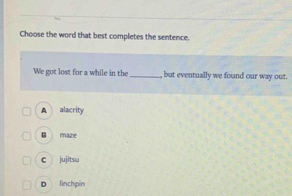 Choose the word that best completes the sentence.
We got lost for a while in the _, but eventually we found our way out.
A alacrity
B maze
C jujitsu
D linchpin