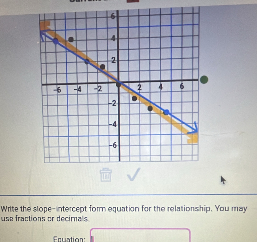 Write the slope-intercept form equation for the relationship. You may 
use fractions or decimals. 
Eduation: