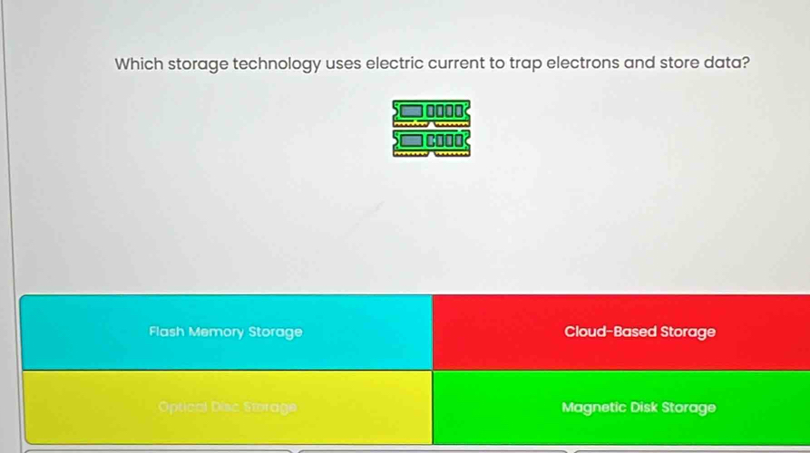 Which storage technology uses electric current to trap electrons and store data?
00
Flash Memory Storage Cloud-Based Storage
Optical Disc Storage Magnetic Disk Storage