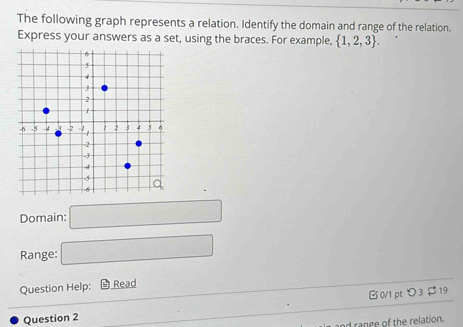 The following graph represents a relation. Identify the domain and range of the relation. 
Express your answers as a set, using the braces. For example,  1,2,3. 
Domain: □ 
Range: □ 
Question Help: Read 
Question 2 0/1 pt つ3 $ 19 
nd range of the relation.