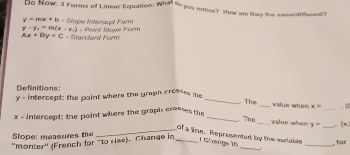 Do Now: 3 Forms of Linear Equation: What do you notice? How are they the sameidifferent?
y=mx+b - Slope Intercept Form
y-y_1=m(x-x_1) - Point Slope Form
Ax+By=C - Standard Form 
Definitions:
y - intercept: the point where the graph crosses the_ 
. The _value when x= _. ([
x - intercept: the point where the graph crosses the_ 
. The _value when y=. (x, 
Slope: measures the 
_of a line. Represented by the variable __, for 
“monter” (French for “to rise). Change in_ 
/ Change in _.