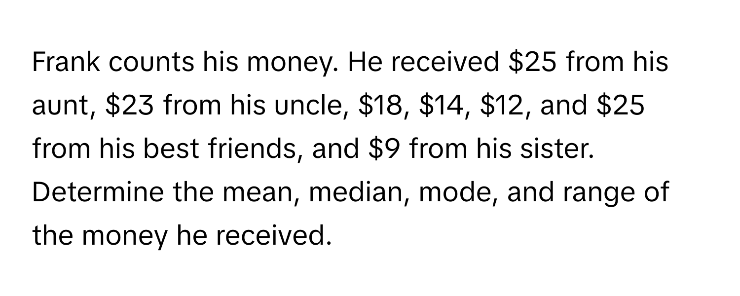 Frank counts his money. He received $25 from his aunt, $23 from his uncle, $18, $14, $12, and $25 from his best friends, and $9 from his sister. Determine the mean, median, mode, and range of the money he received.