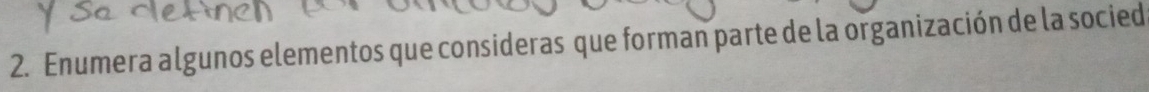 Enumera algunos elementos que consideras que forman parte de la organización de la socied