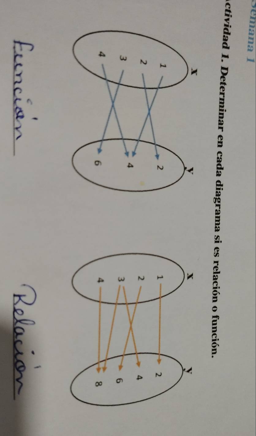 Sémana 1 
Actividad 1. Determinar en cada diagrama si es relación o función. 
funcids Relacion