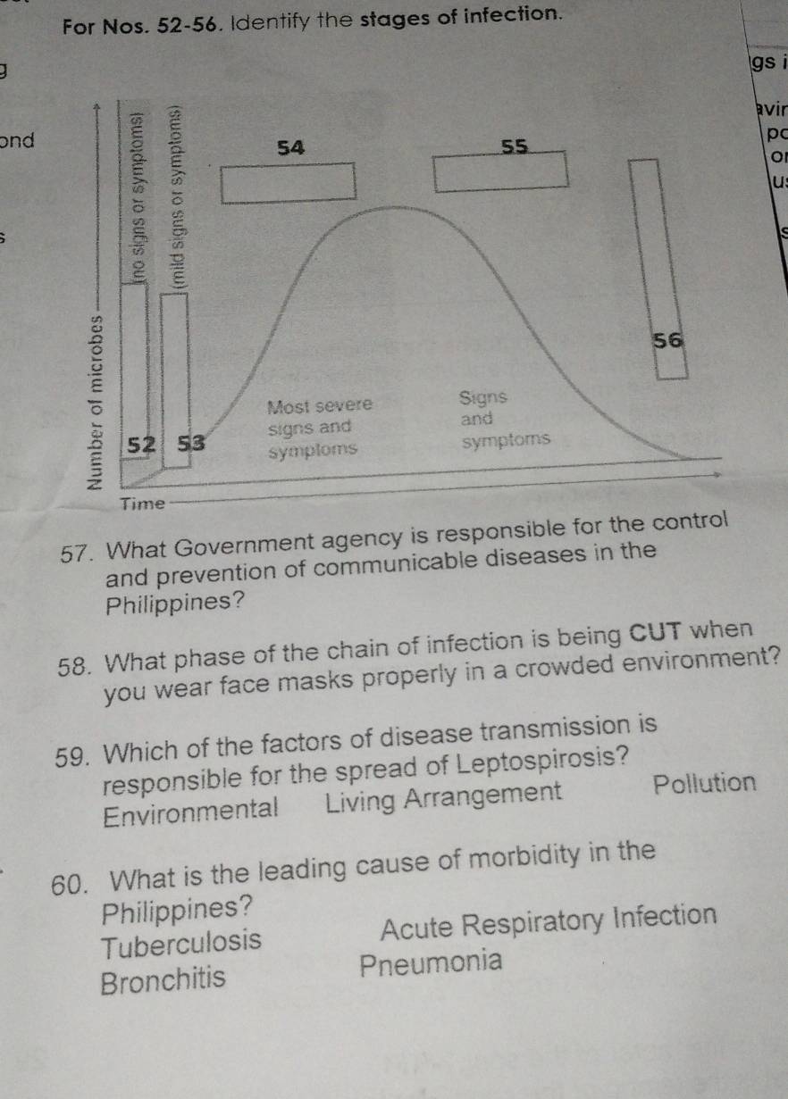 For Nos. 52-56. Identify the stages of infection.
gs i
avir
bnd
pc
o
u
57. What Government agency is responsible for the control
and prevention of communicable diseases in the
Philippines?
58. What phase of the chain of infection is being CUT when
you wear face masks properly in a crowded environment?
59. Which of the factors of disease transmission is
responsible for the spread of Leptospirosis?
Environmental Living Arrangement Pollution
60. What is the leading cause of morbidity in the
Philippines?
Tuberculosis Acute Respiratory Infection
Bronchitis Pneumonia