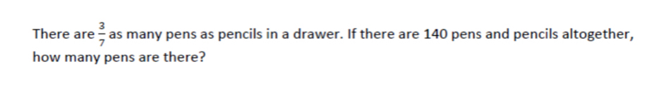 There are  3/7  as many pens as pencils in a drawer. If there are 140 pens and pencils altogether, 
how many pens are there?