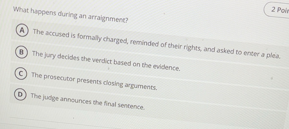 Solved: Poir What happens during an arraignment? A ) The accused is ...