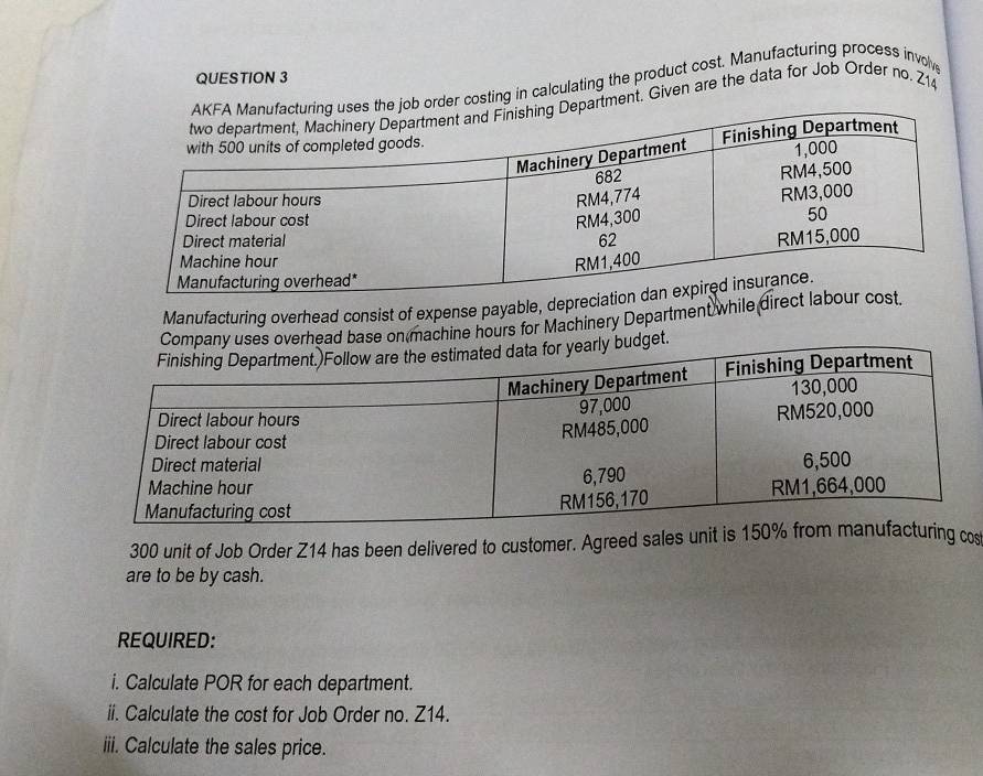 order costing in calculating the product cost. Manufacturing process involv 
rtment. Given are the data for Job Order no. Z14
Manufacturing overhead consist of expense payable, de 
overhead base on machine hours for Machinery Department while d 
t.
300 unit of Job Order Z14 has been delivered to customer. Agreed sales unit is 1ng cos 
are to be by cash. 
REQUIRED: 
i. Calculate POR for each department. 
ii. Calculate the cost for Job Order no. Z14. 
iiii. Calculate the sales price.