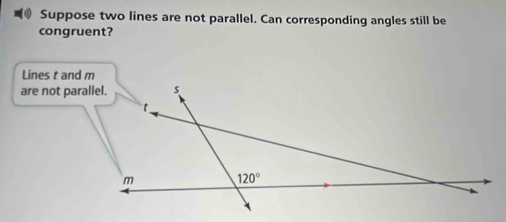 Suppose two lines are not parallel. Can corresponding angles still be
congruent?
Lines t and m
are not parallel.