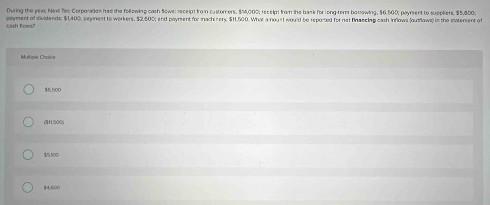 During the year, Next Tec Corporation had the following cash flows: receipt from customers, $14,000; receipt from the bank for long-term borrowing, $6,500; payment to suppliers, $5,800;
payment of dividends; $1,400, payment to workers, $2,600; and payment for machinery, $11,500. What amount would be reported for net financing cash inflows (outflows) in the statement of
cash flows?
Multiple Chaice
$6.500
($11,500)
$5,100
$4,600