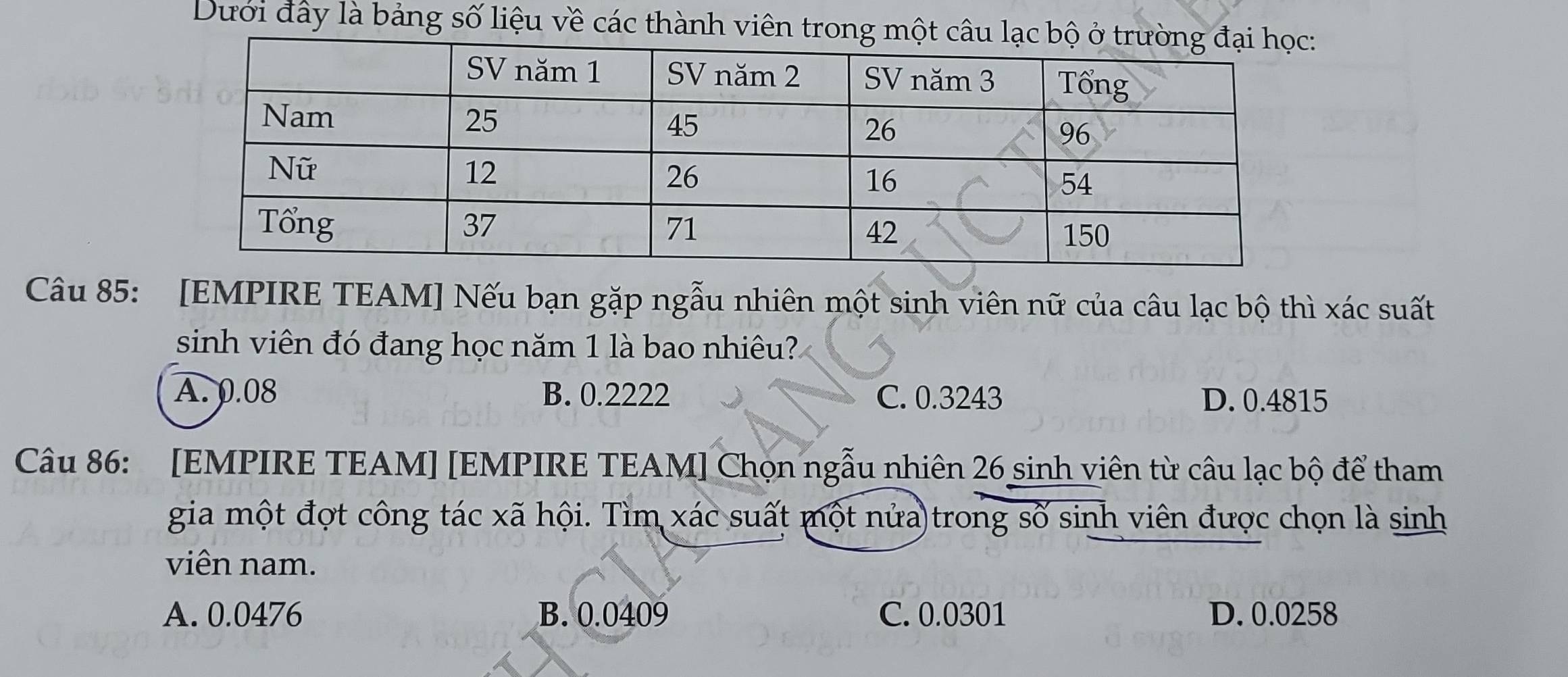 Dưới đây là bảng số liệu về các thành viên trong một
Câu 85: [EMPIRE TEAM] Nếu bạn gặp ngẫu nhiên một sinh viên nữ của câu lạc bộ thì xác suất
sinh viên đó đang học năm 1 là bao nhiêu?
A. 0.08 B. 0.2222 C. 0.3243 D. 0.4815
Câu 86: [EMPIRE TEAM] [EMPIRE TEAM] Chọn ngẫu nhiên 26 sinh viên từ câu lạc bộ để tham
gia một đợt công tác xã hội. Tìm xác suất một nửa trong số sinh viên được chọn là sinh
viên nam.
A. 0.0476 B. 0.0409 C. 0.0301 D. 0.0258