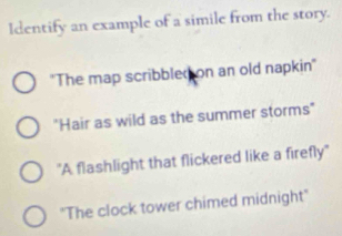 Identify an example of a simile from the story. 
''The map scribbled on an old napkin'' 
"Hair as wild as the summer storms" 
'A flashlight that flickered like a firefly'' 
"The clock tower chimed midnight"