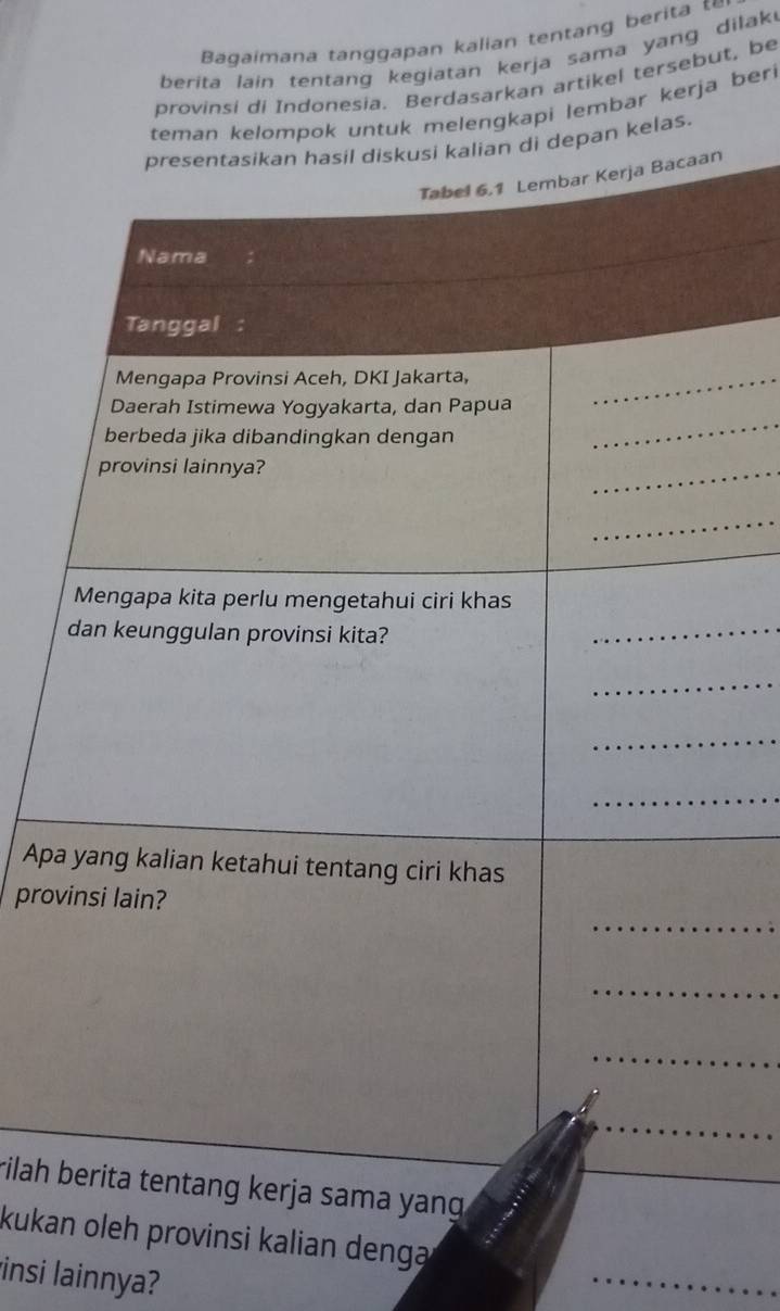 Bagaimana tanggapan kalian tentang berita t 
berita lain tentang kegiatan kerja sama yang dilak . 
provinsi di Indonesia. Berdasarkan artikel tersebut, be 
teman kelompok untuk melengkapi lembar kerja beri 
presentasikan hasil diskusi kalian di depan kelas. 
Tabel 6.1 Lembar Kerja Bacaan 
Nama 
Tanggal 
Mengapa Provinsi Aceh, DKI Jakarta,_ 
_ 
Daerah Istimewa Yogyakarta, dan Papua 
berbeda jika dibandingkan dengan 
provinsi lainnya? 
_ 
_ 
Mengapa kita perlu mengetahui ciri khas 
dan keunggulan provinsi kita? 
_ 
_ 
_ 
_ 
Apa yang kalian ketahui tentang ciri khas 
_ 
provinsi lain? 
_ 
_ 
_ 
_ 
rilah berita tentang kerja sama yng . 
_ 
kukan oleh provinsi kalian denga 
insi lainnya?