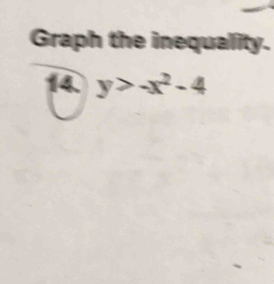 Graph the inequality. 
14. y>-x^2-4