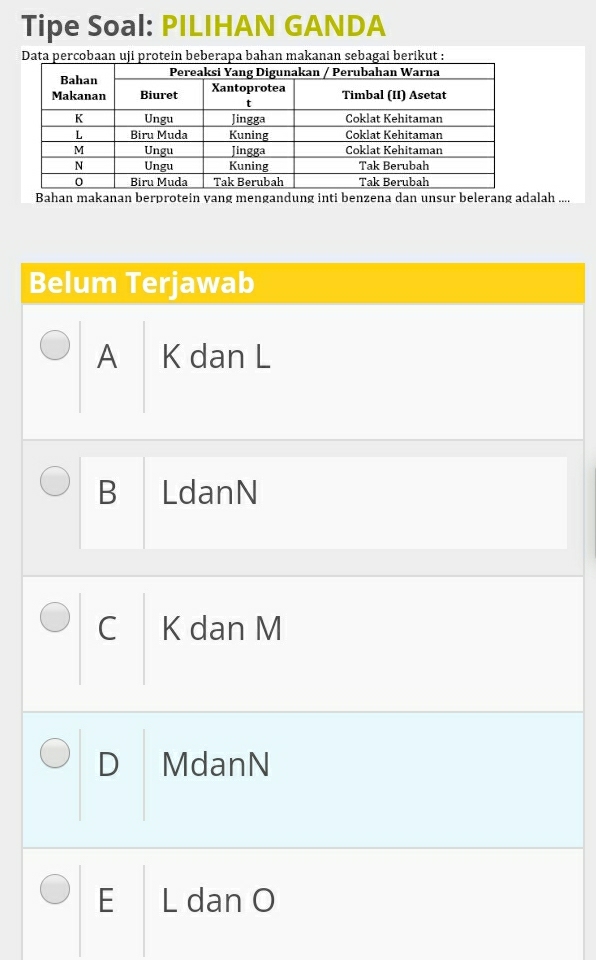 Tipe Soal: PILIHAN GANDA
in beberapa bahan makkut
Bahan makanan berprotein yang mengandung inti benzena dan unsur belerang adalah ....
Belum Terjawab
A K dan L
B LdanN
C K dan M
D MdanN
E £ L dan O