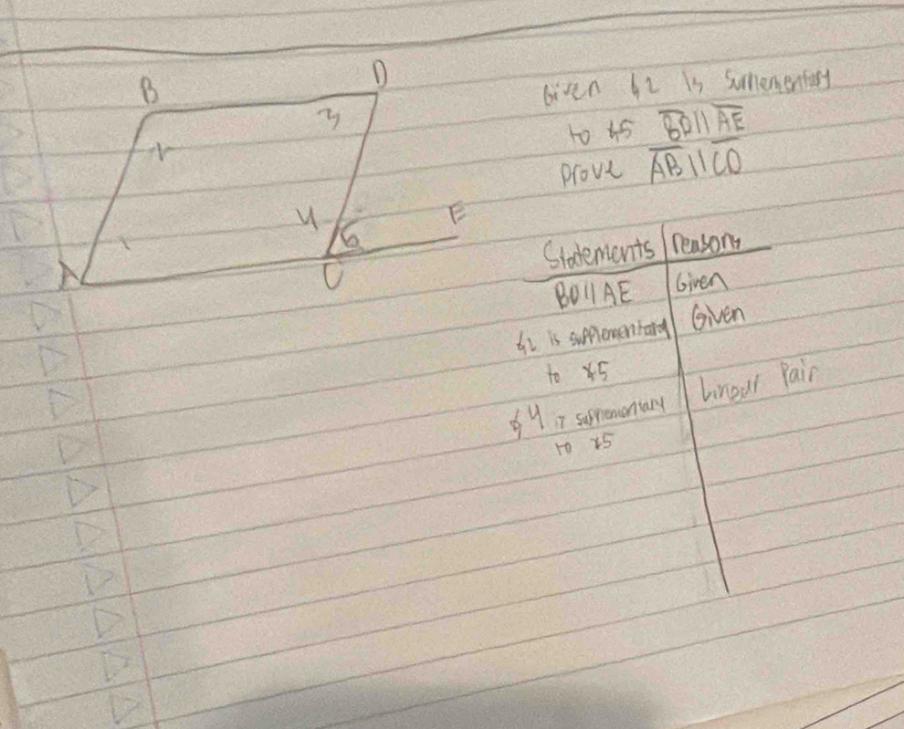 lven 2 is smementory
1o 45 overline BDparallel overline AE
prove overline ABparallel overline CD
Stadements
reasons
BO1AE Given
62 is sumementary Given
to 5
o y7 supremontary linear Pair
10 25
√
△