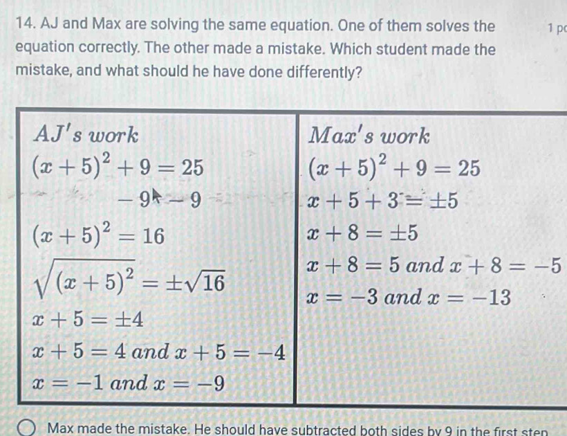 AJ and Max are solving the same equation. One of them solves the 1 pc
equation correctly. The other made a mistake. Which student made the
mistake, and what should he have done differently?
Max made the mistake. He should have subtracted both sides by 9 in the first sten