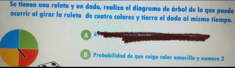 Se tienen una ruleta y un dado, realiza el diagrama de árbol de lo que puede 
ocurrir al girar la ruleta de cuatro colores y tierra el dado al mismo tiempo. 
A 
B ) Probabilidad de que caiga color amarillo y numero 2