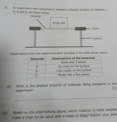 An experiment was conducted to compare a physical property of materials L,
M, N and O, as shown below. 
Observations from the experiment were recorded in the table shown below. 
(a) What is the physical property of materials being compared in the 
[1] 
experiment? 
_ 
(b) Based on the observations above, which material is most suitable 
make a chair for an adult with a mass of 60kg? Explain your ansv