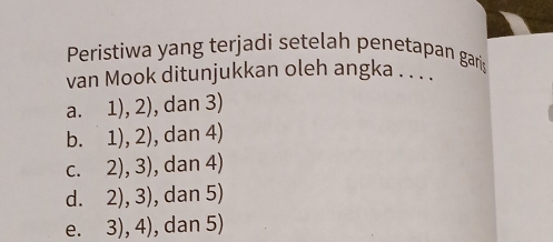 Peristiwa yang terjadi setelah penetapan garis
van Mook ditunjukkan oleh angka . . . .
a. 1), 2), dan 3)
b. 1), 2), dan 4)
c. 2), 3), dan 4)
d. 2), 3), dan 5)
e. 3), 4), dan 5)