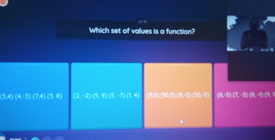 Which set of values is a function?
(3,4)(4,-5)(7,4)(3,8) (2,-2)(5,9)(5,-7)(1,4) (9,5)((0.5)(9,-5)(0,-5) (6,-5)(7,-3)(8,-1) (surd 