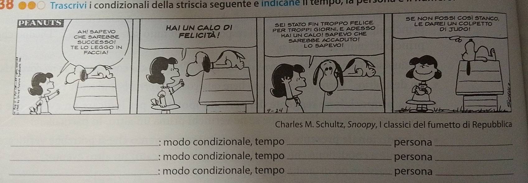 Trascrivi i condizionali della striscia seguente e indicane iI tempo, la per 
Charles M. Schultz, Snoopy, I classici del fumetto di Repubblica 
_: modo condizionale, tempo_ persona_ 
_: modo condizionale, tempo_ persona_ 
_:: modo condizionale, tempo_ persona_