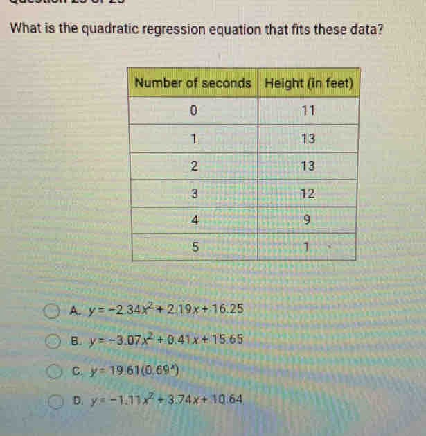 What is the quadratic regression equation that fits these data?
A. y=-2.34x^2+2.19x+16.25
B. y=-3.07x^2+0.41x+15.65
C. y=19.61(0.69^x)
D. y=-1.11x^2+3.74x+10.64