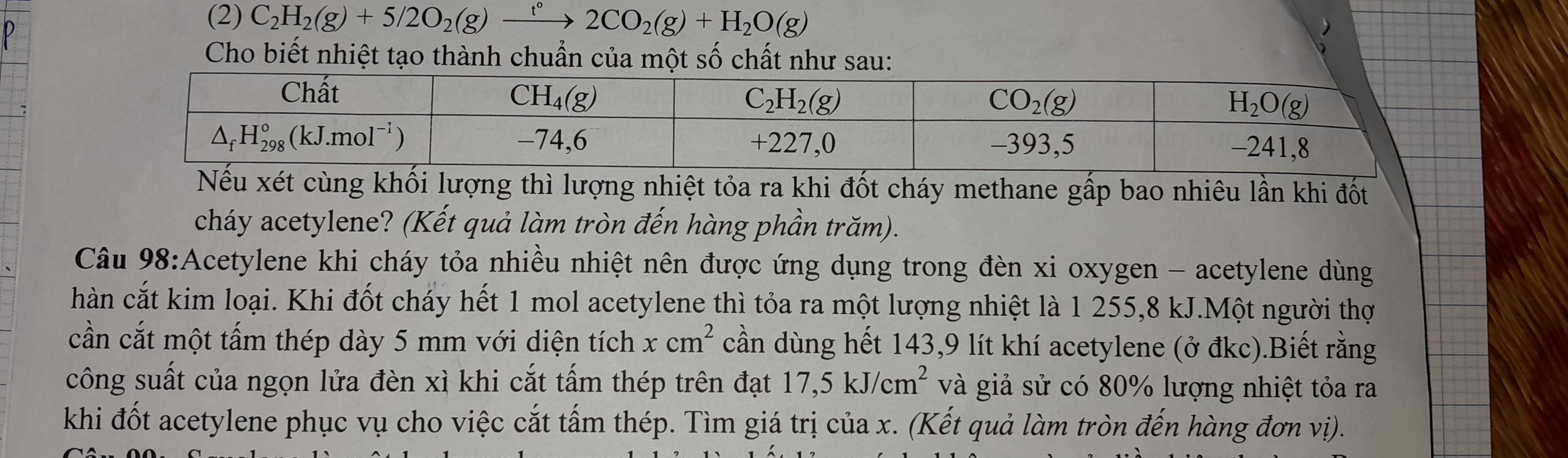 (2) C_2H_2(g)+5/2O_2(g)xrightarrow t°2CO_2(g)+H_2O(g)
Cho biết nhiệt tạo thành chuẩn của một số chất như sau:
xét cùng khối lượng thì lượng nhiệt tỏa ra khi đốt cháy methane gấp bao nhiêu lần khi đốt
cháy acetylene? (Kết quả làm tròn đến hàng phần trăm).
Câu 98:Acetylene khi cháy tỏa nhiều nhiệt nên được ứng dụng trong đèn xi oxygen - acetylene dùng
hàn cắt kim loại. Khi đốt cháy hết 1 mol acetylene thì tỏa ra một lượng nhiệt là 1 255,8 kJ.Một người thợ
cần cắt một tấm thép dày 5 mm với diện tích xcm^2 cần dùng hết 143,9 lít khí acetylene (ở đkc).Biết rằng
công suất của ngọn lửa đèn xì khi cắt tấm thép trên đạt 17,5kJ/cm^2 và giả sử có 80% lượng nhiệt tỏa ra
khi đốt acetylene phục vụ cho việc cắt tấm thép. Tìm giá trị của x. (Kết quả làm tròn đến hàng đơn vị).