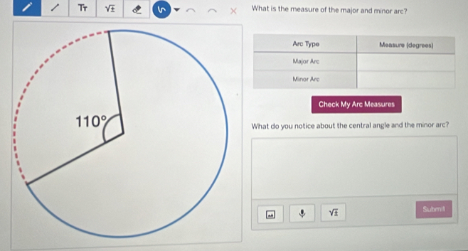 Tr sqrt(± ) What is the measure of the major and minor arc?
Check My Arc Measures
What do you notice about the central angle and the minor arc?
~ sqrt(± )
Submil